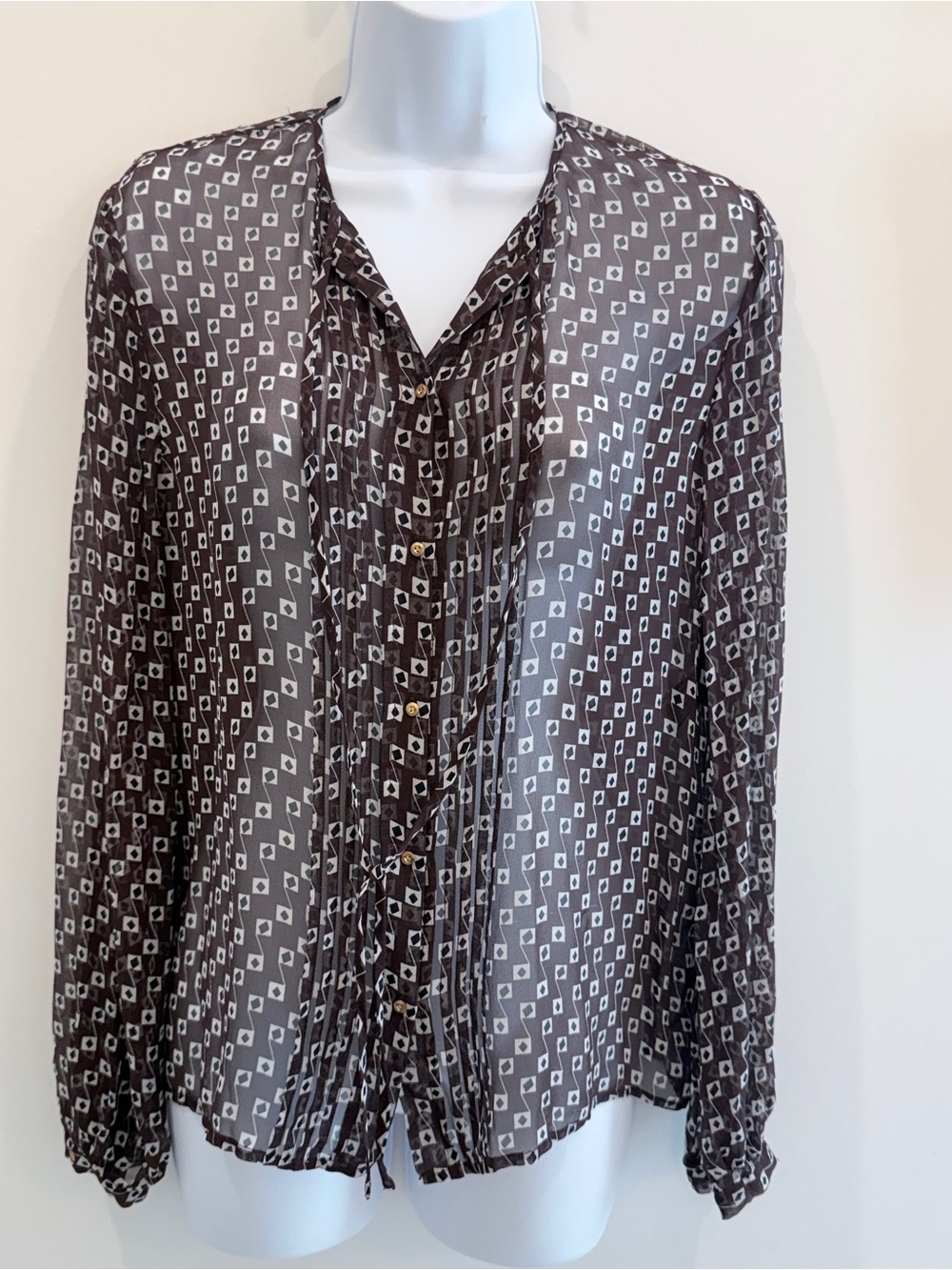 Diane von Furstenberg Brown & Cream Geometric Silk Blouse